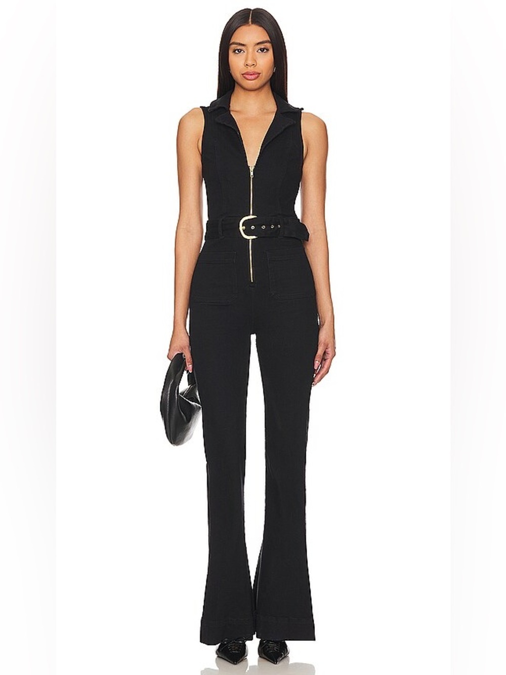 Show Me Your Mumu Jacksonville Black Denim Belted Flare Jumpsuit XS NWT Western